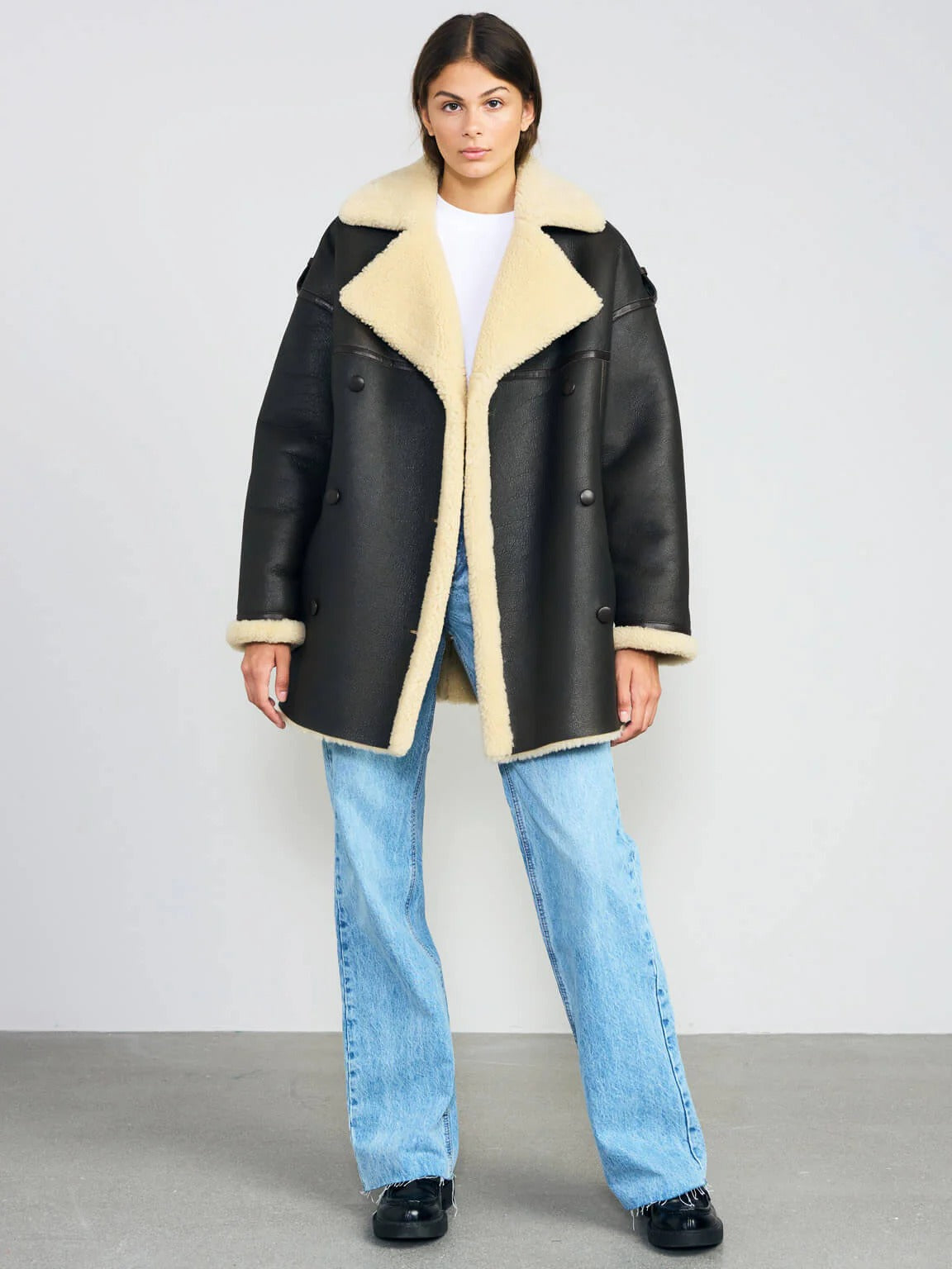 Schwarze Marlin-Shearling-Lederjacke für Damen