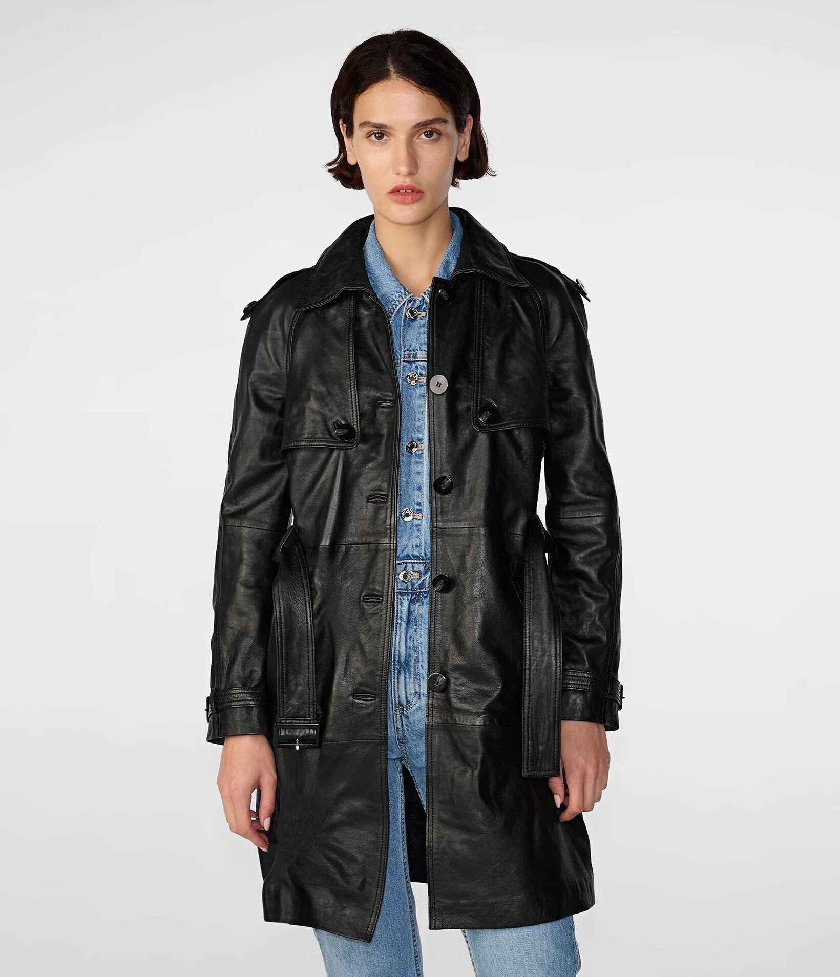 Women's Black Mary Long Single Breasted Leather Trench Coat