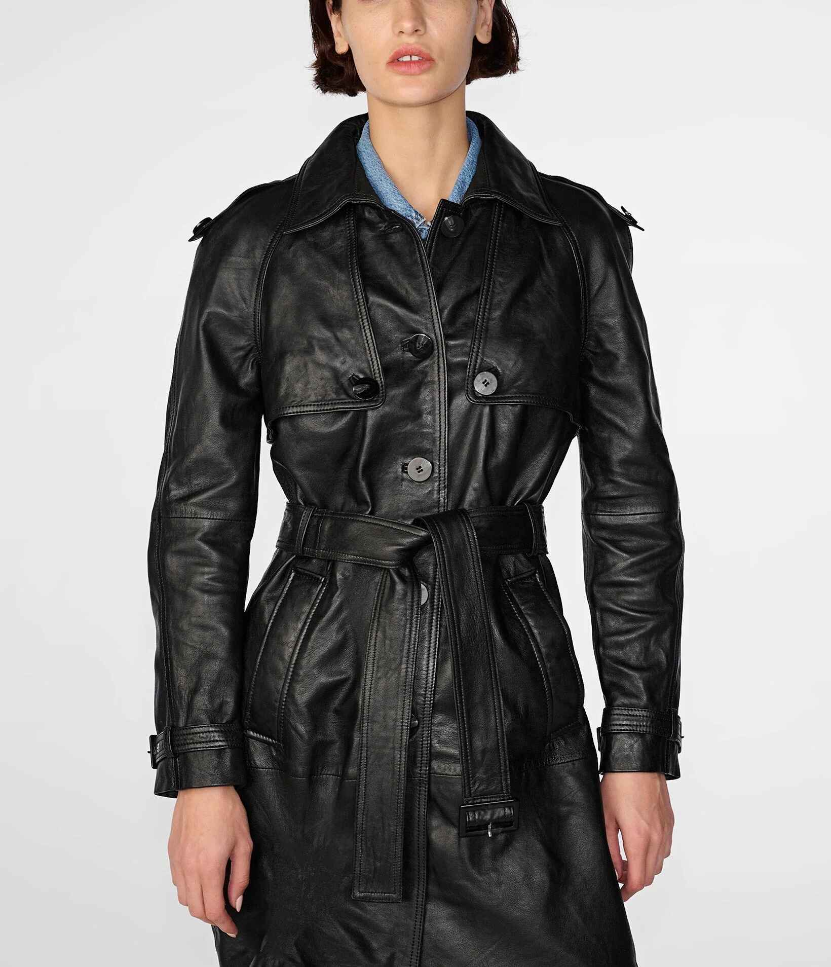 Women's Black Mary Long Single Breasted Leather Trench Coat