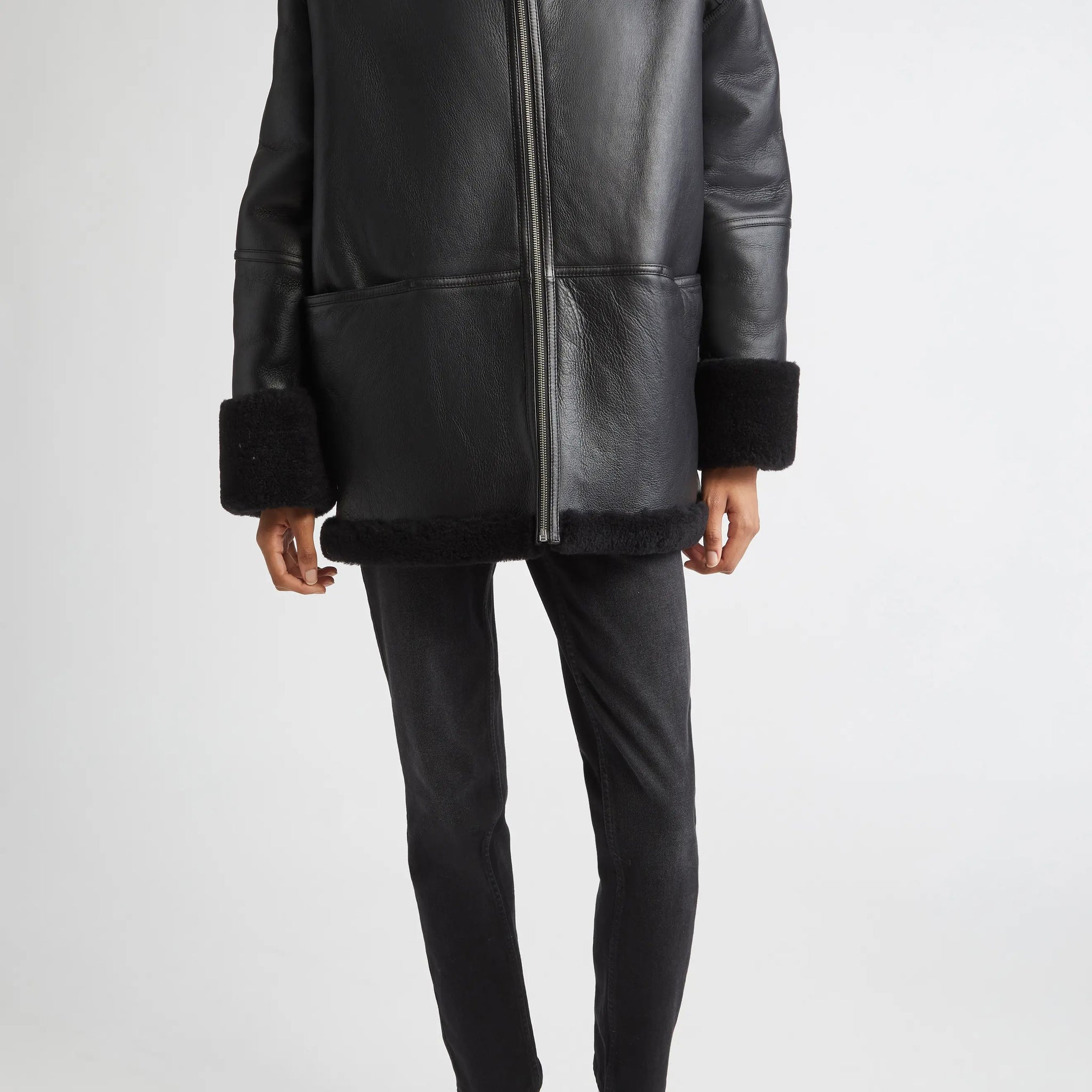 Women's Black Menfi Oversize Genuine Shealring Coat