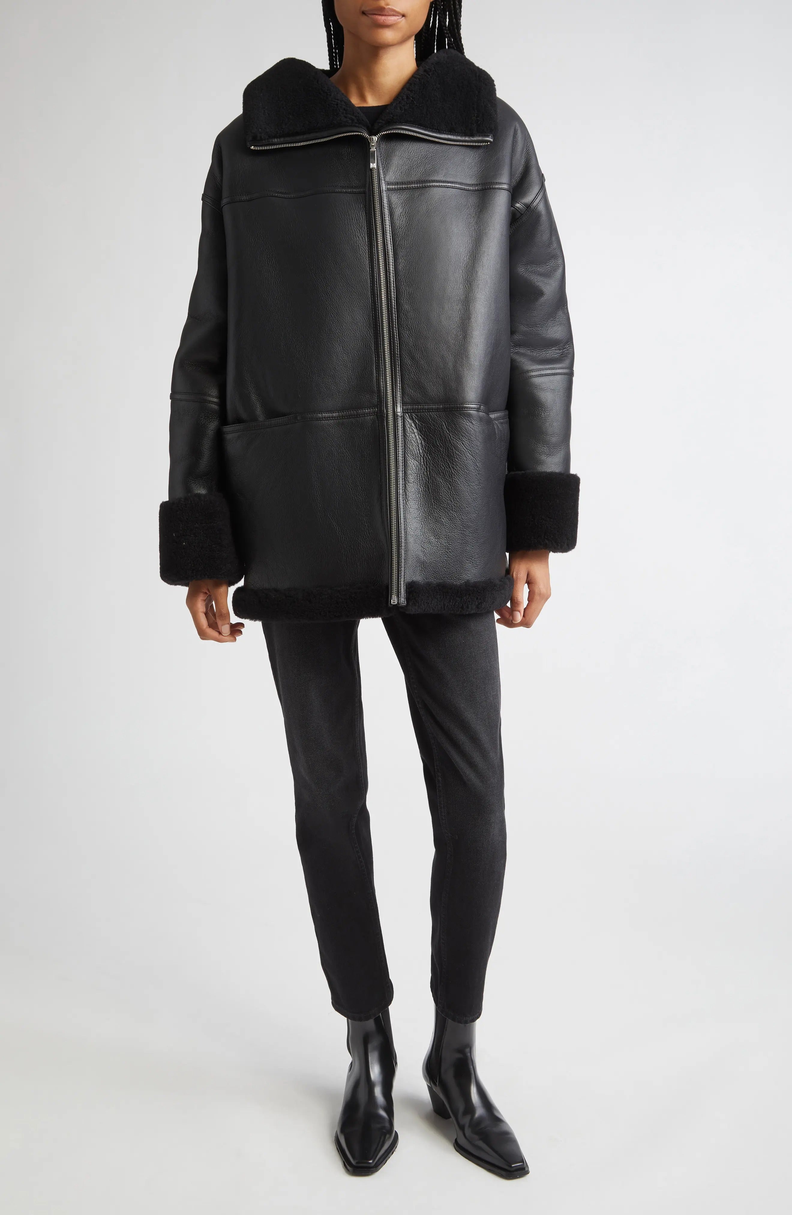 Women's Black Menfi Oversize Genuine Shealring Coat