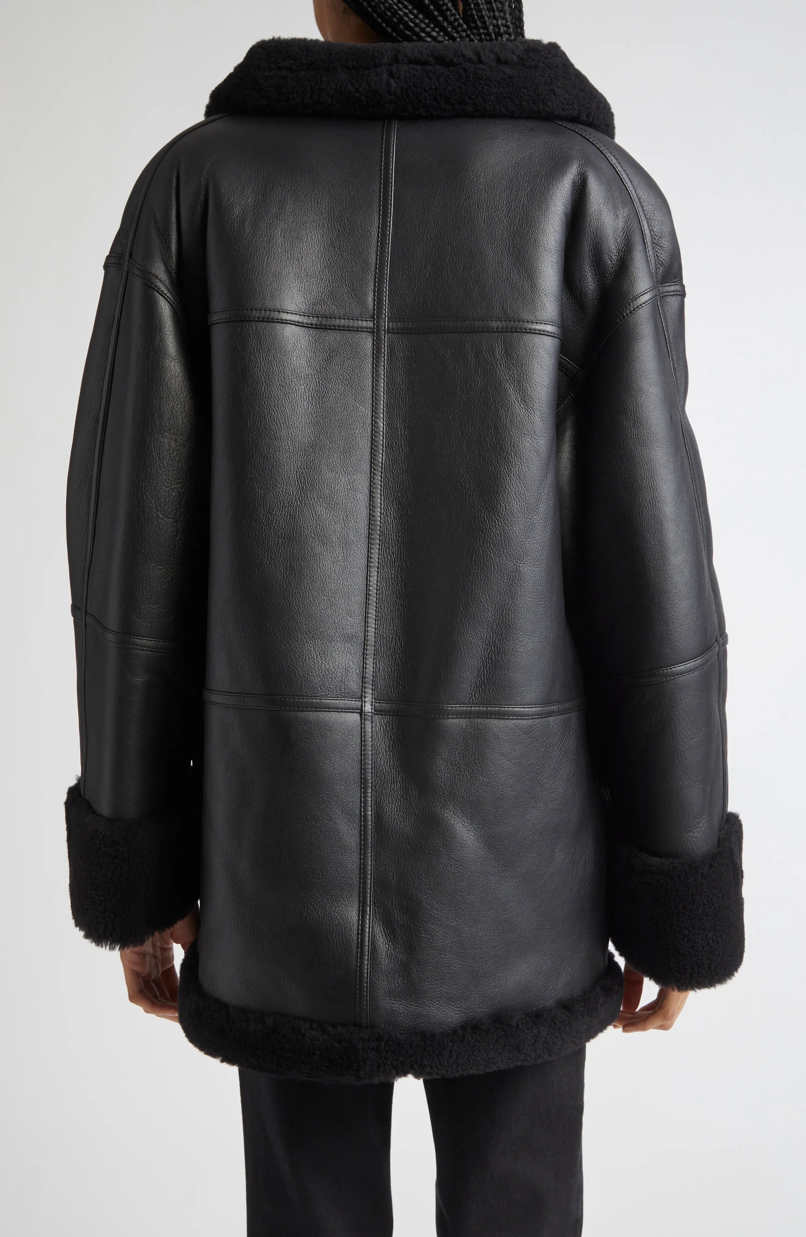 Women's Black Menfi Oversize Genuine Shealring Coat