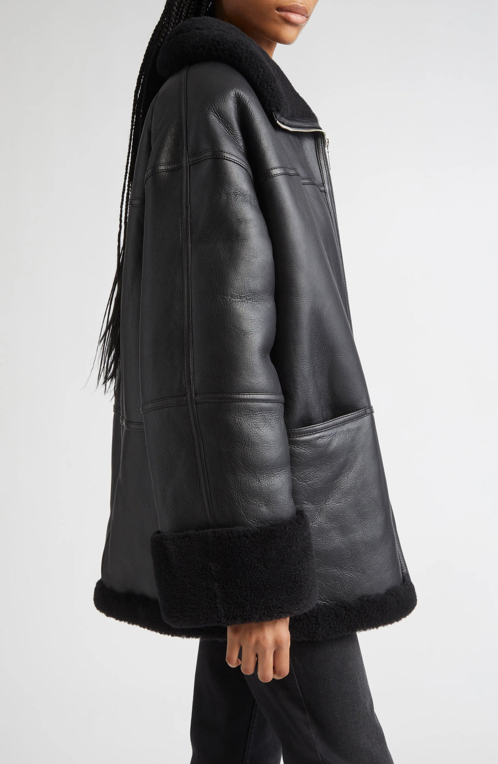 Women's Black Menfi Oversize Genuine Shealring Coat