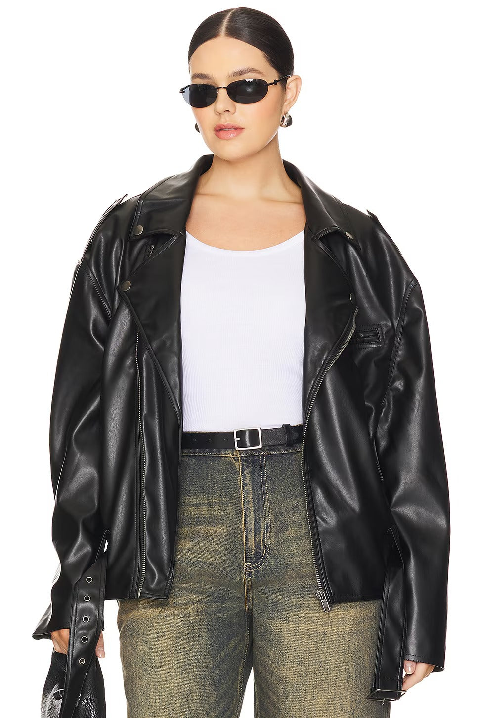 Schwarze Moto-Bikerjacke aus Leder für Damen 