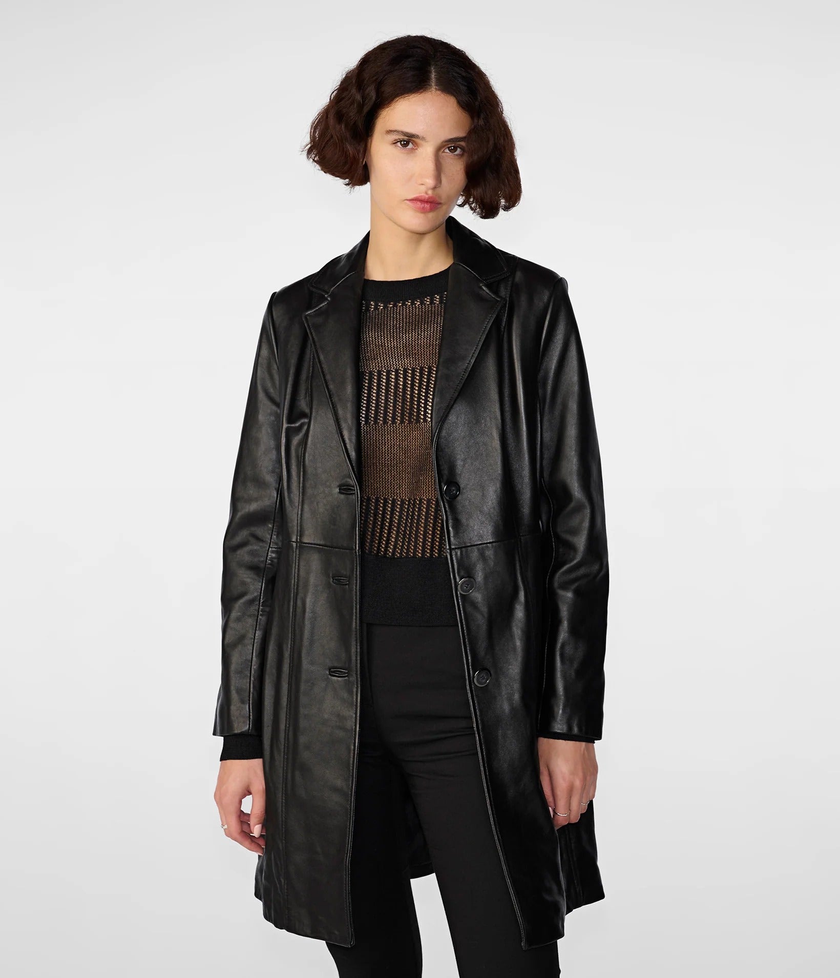 Women's Black Nora Button Down Lamb Leather Trench Coat