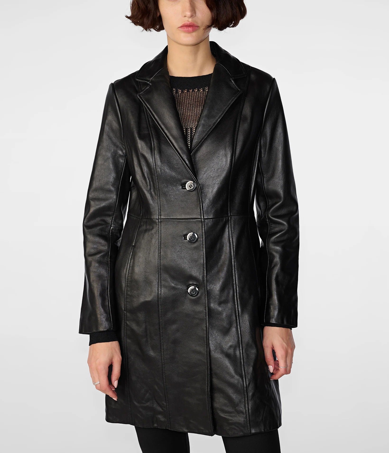 Women's Black Nora Button Down Lamb Leather Trench Coat
