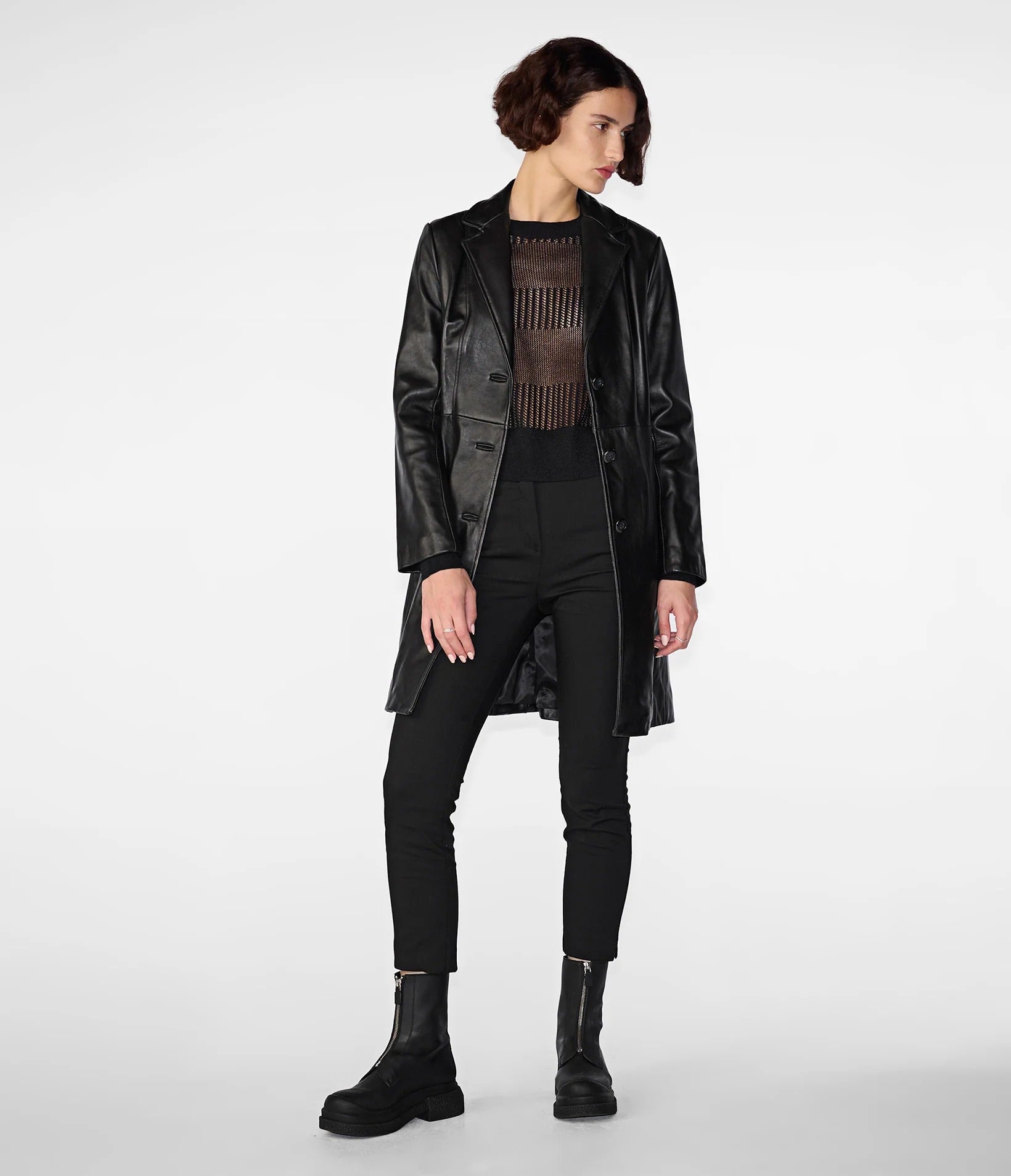 Women's Black Nora Button Down Lamb Leather Trench Coat