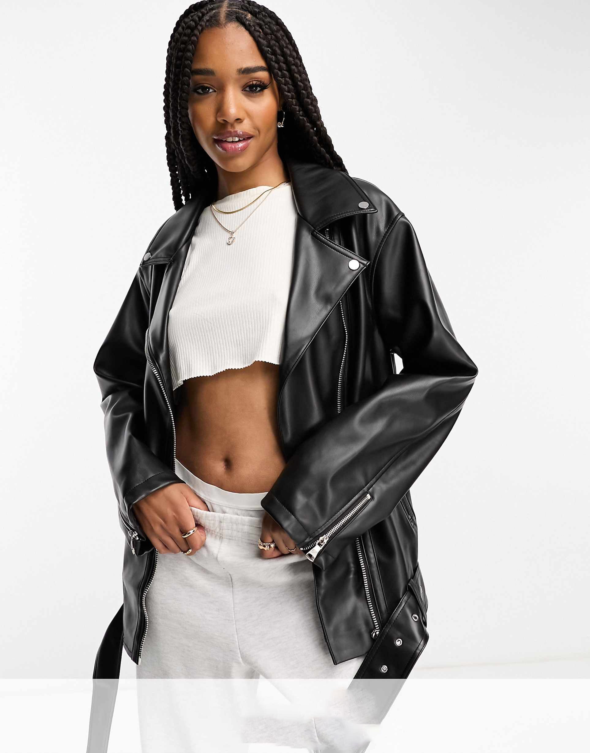 Women's Black Notch Collar Oversized Faux Leather Jacket