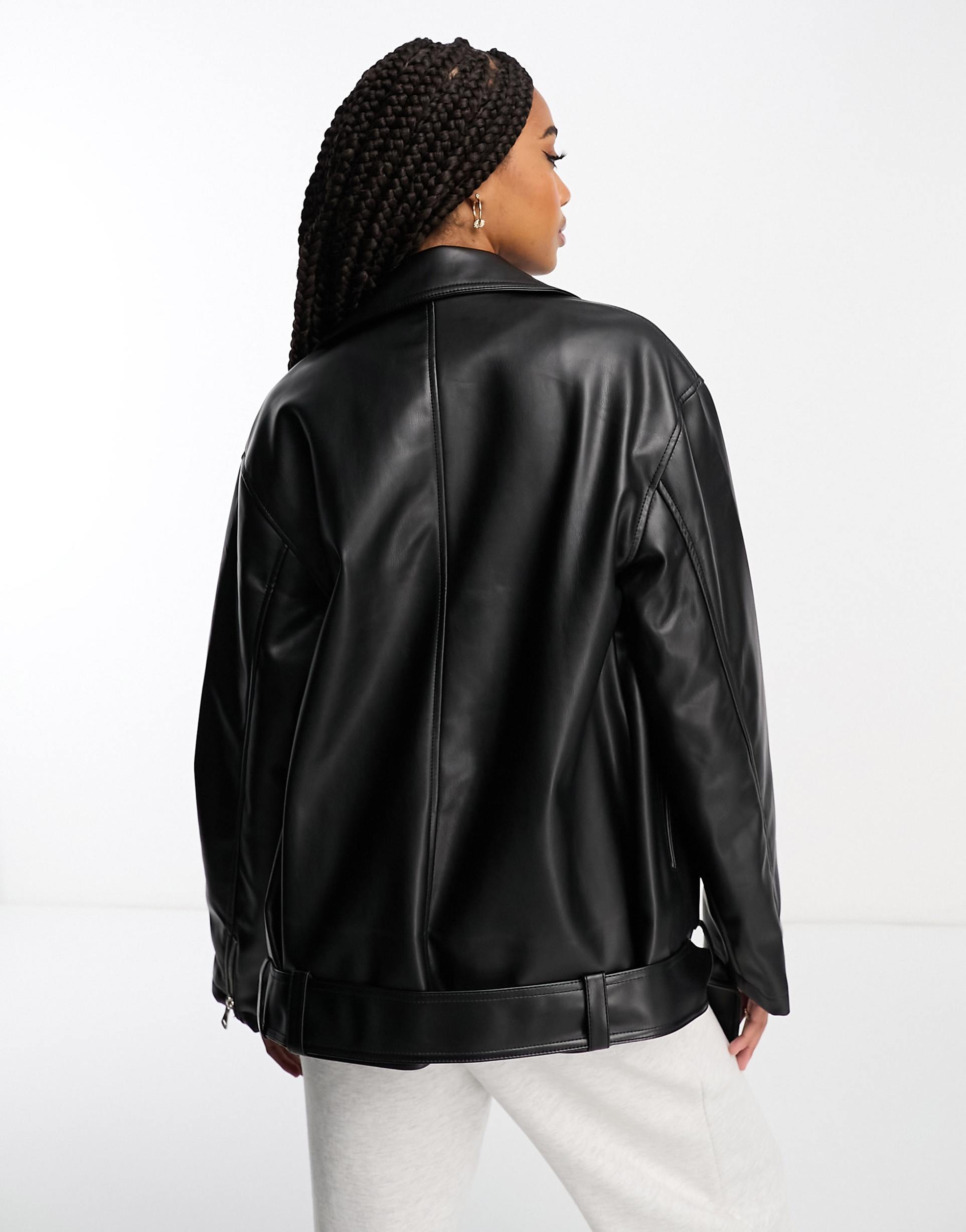 Women's Black Notch Collar Oversized Faux Leather Jacket