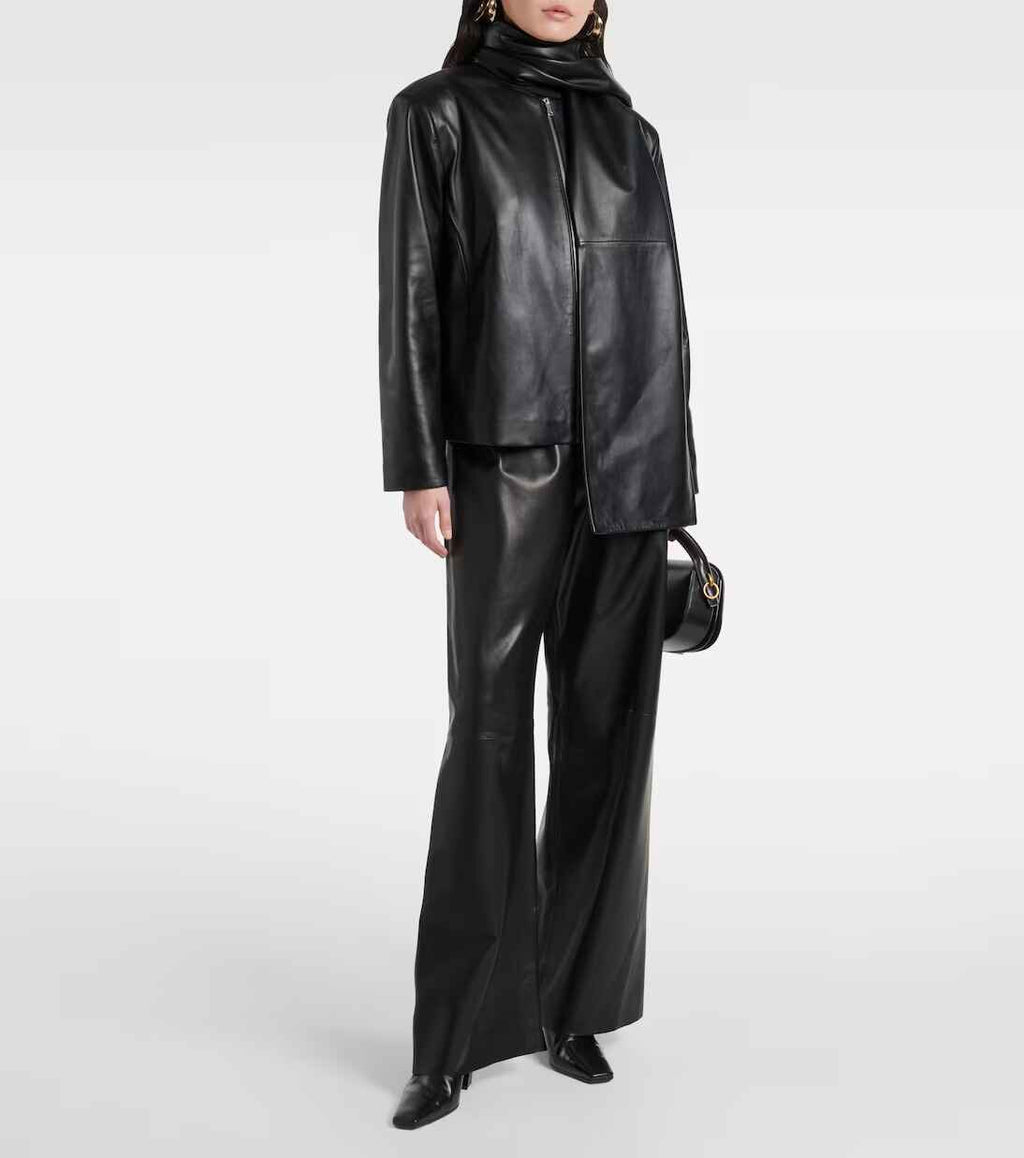 Women's Black Olan Wide Leg Leather Pants