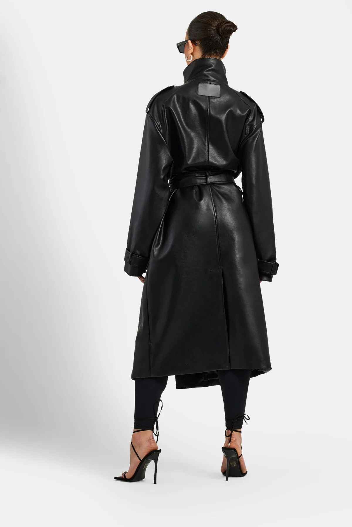 Women's Black Oversized Faux Leather Trench Coat