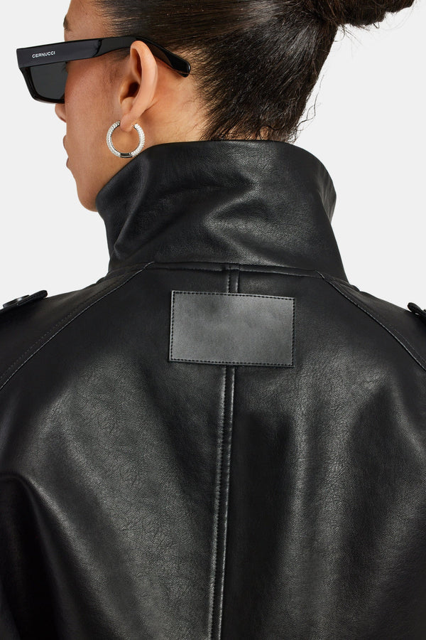 Women's Black Oversized Faux Leather Trench Coat