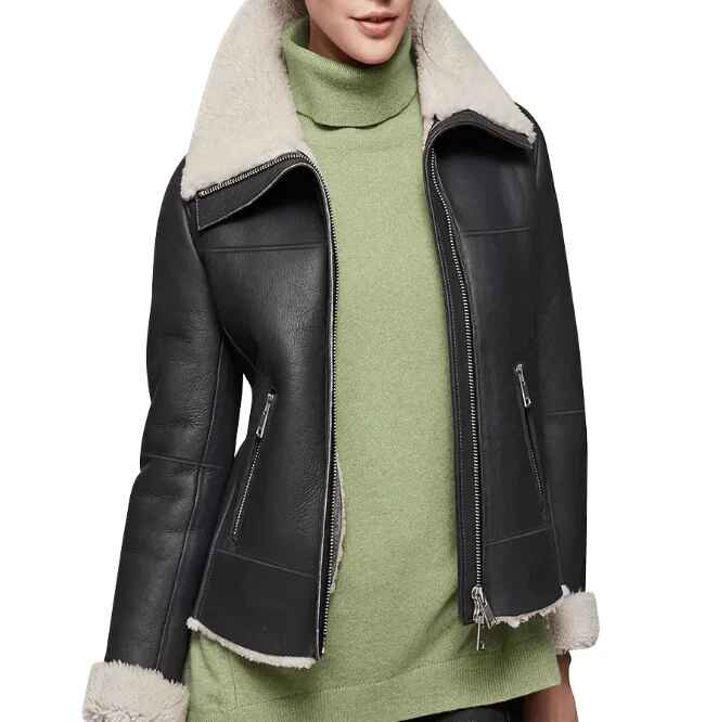 Schwarze Oversize-Lederjacke aus Shearling mit Pelzkragen für Damen