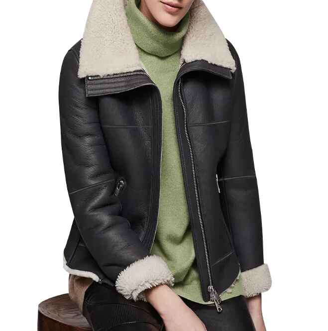 Women's Black Oversized Fur Collar Shearling Leather Jacket