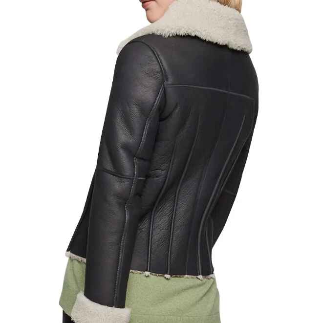 Women's Black Oversized Fur Collar Shearling Leather Jacket