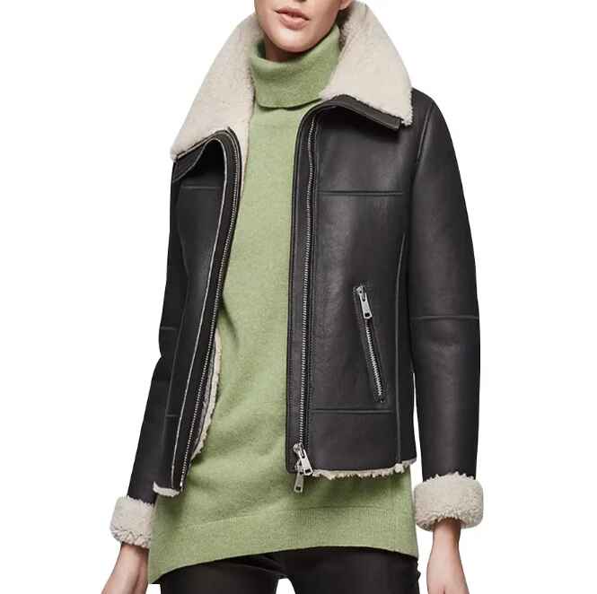 Women's Black Oversized Fur Collar Shearling Leather Jacket