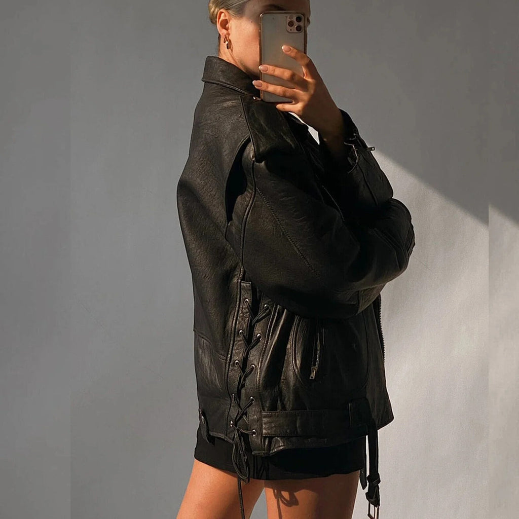 Women's Black Oversized Genuine Sheep Skin Leather Jacket
