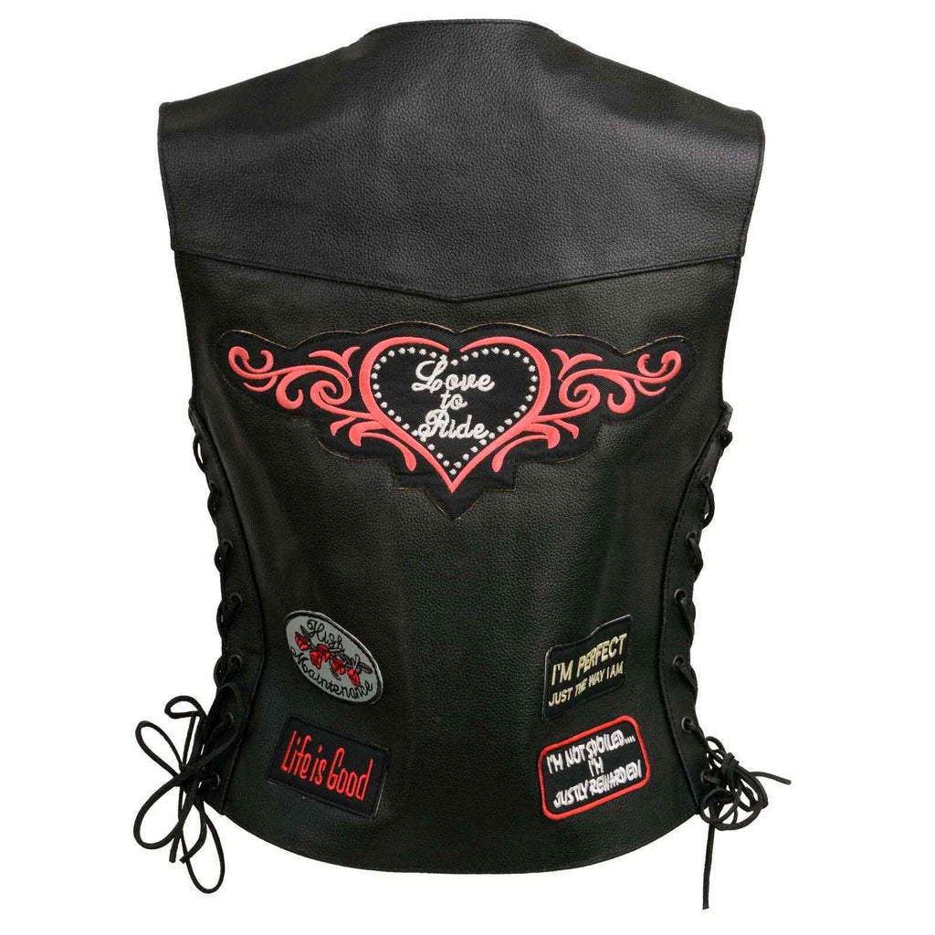 Women's Black Patched Embroidered Vests With Side Laces Leather Vest