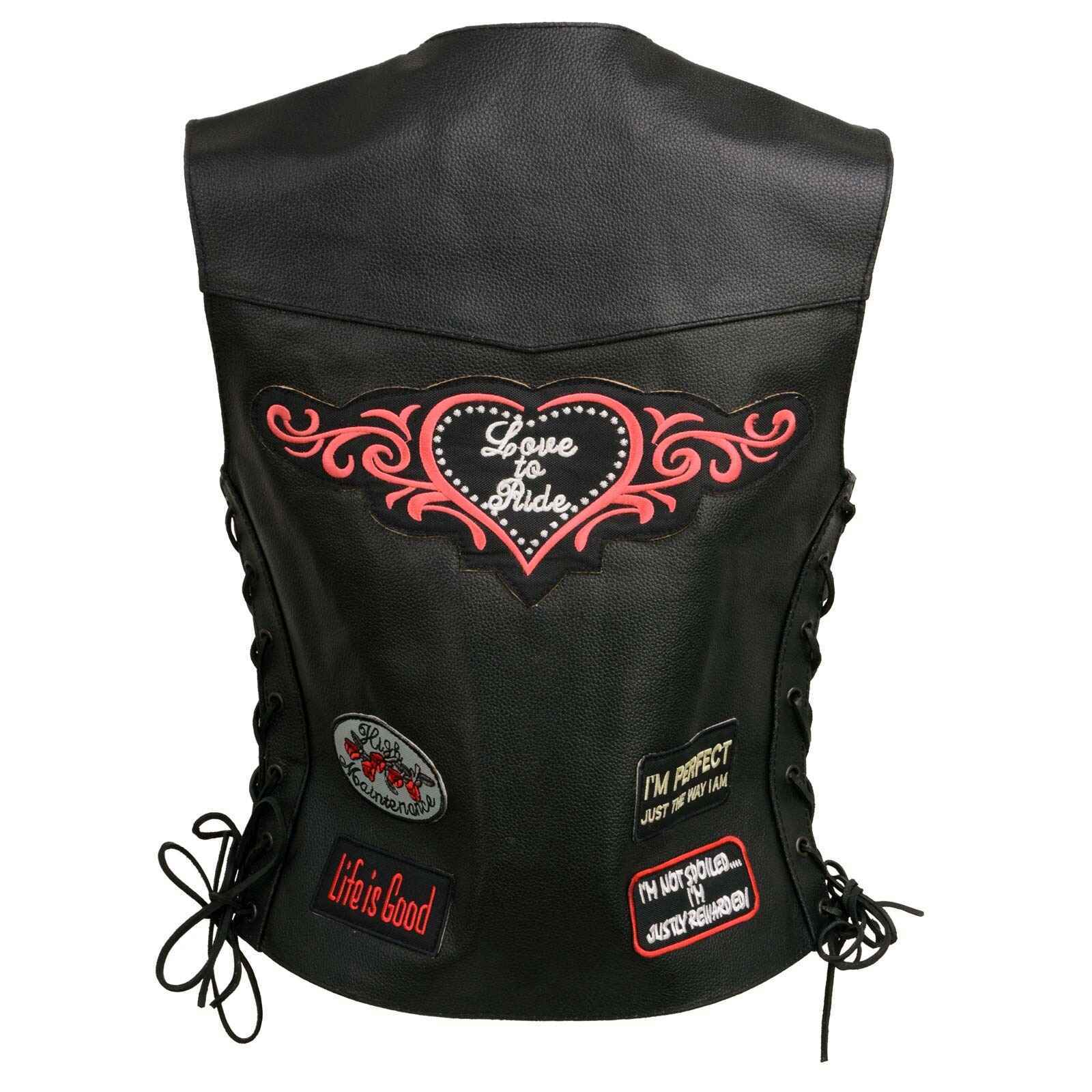 Women's Black Patched Embroidered Vests With Side Laces Leather Vest
