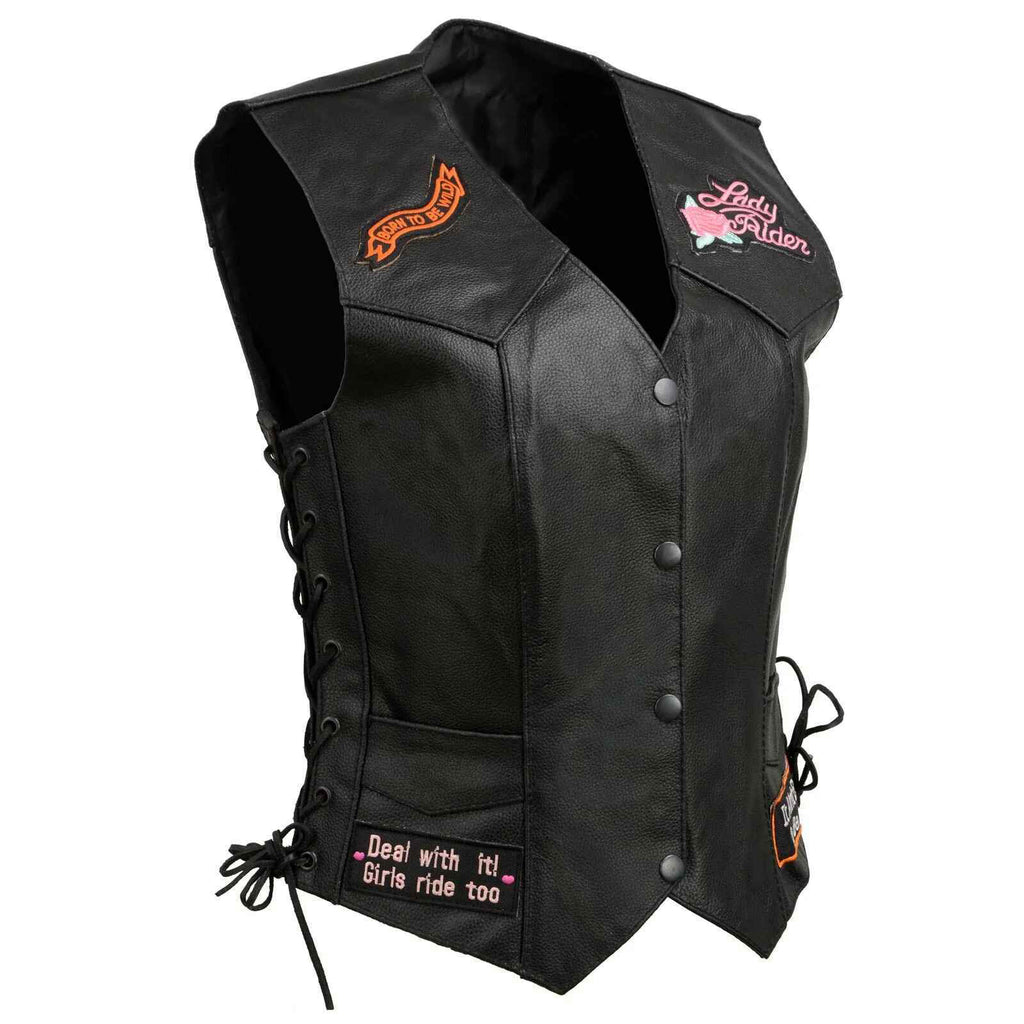 Women's Black Patched Embroidered Vests With Side Laces Leather Vest