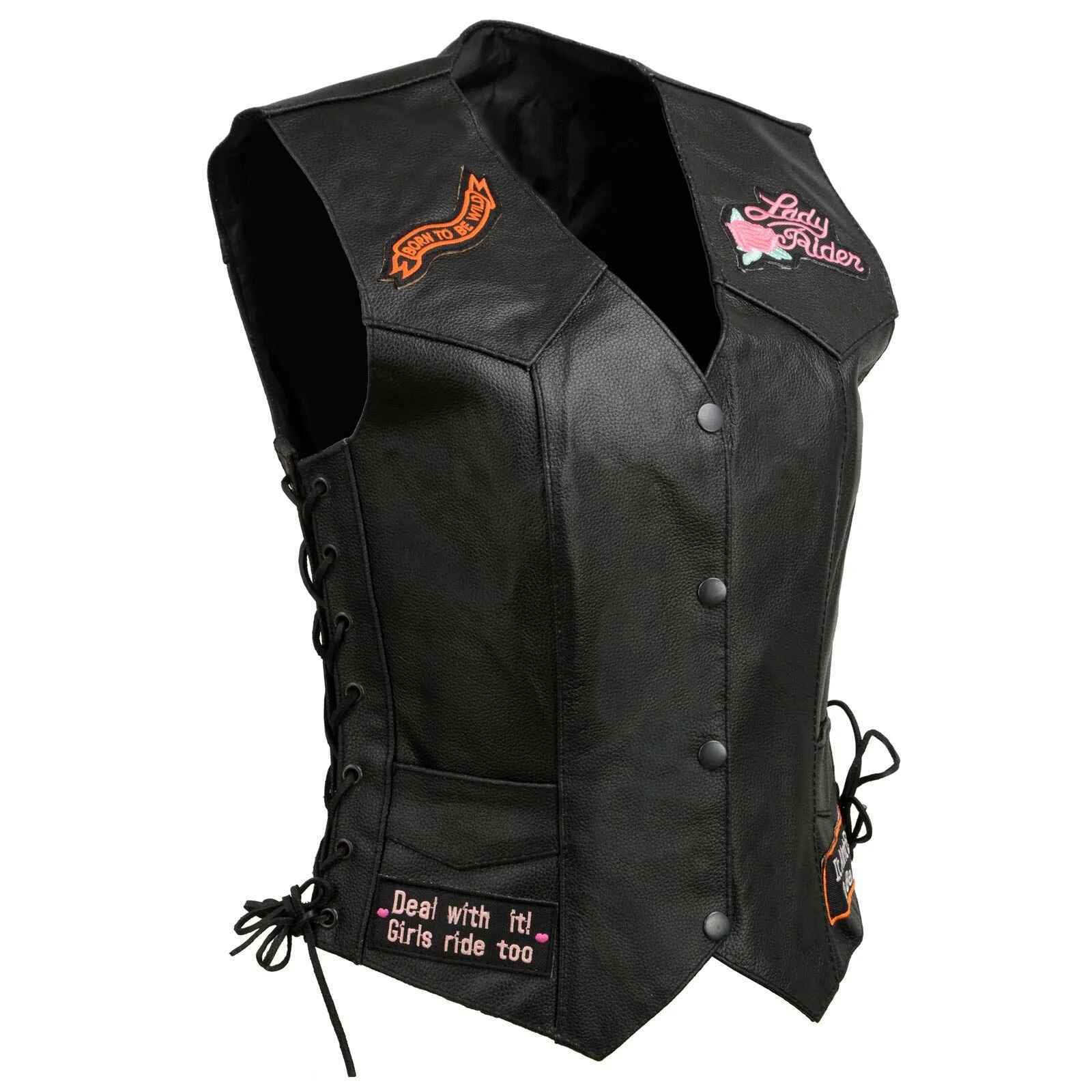 Women's Black Patched Embroidered Vests With Side Laces Leather Vest