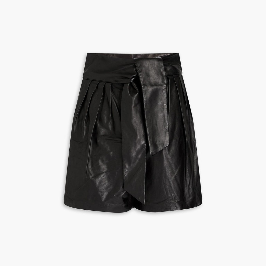 Women's Black Pleated Leather Shorts