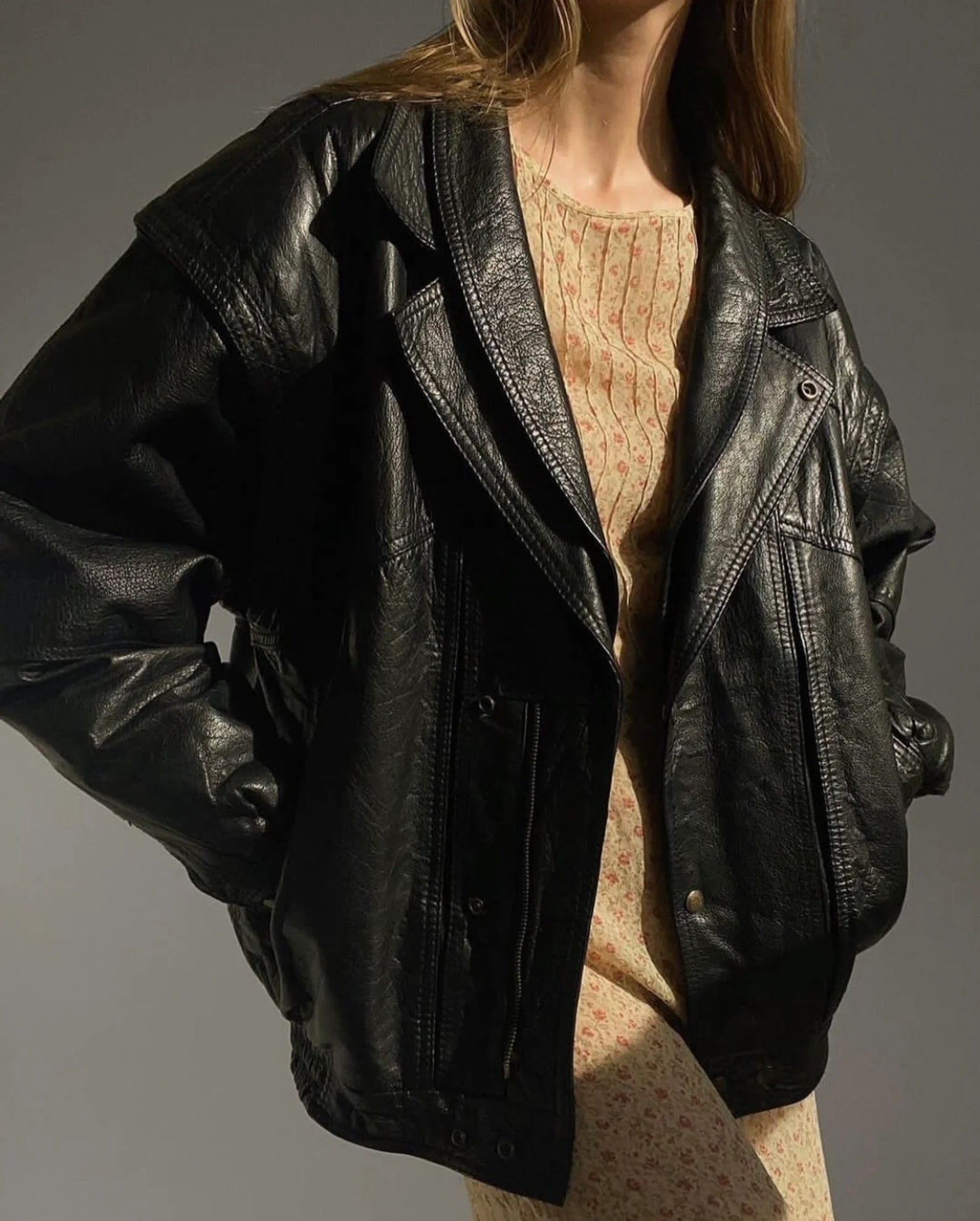Women's Black Pure Grain Straight Cut Oversized  Leather Jacket
