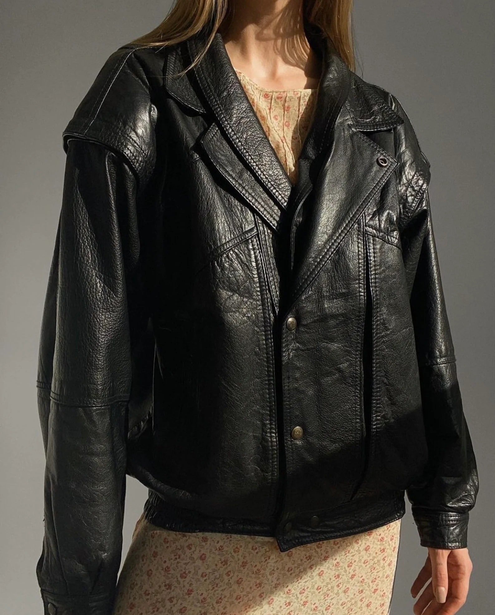 Women's Black Pure Grain Straight Cut Oversized  Leather Jacket