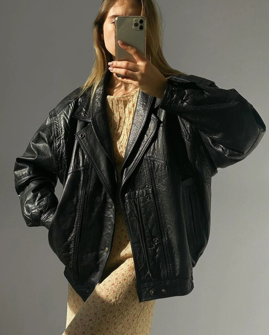 Women's Black Pure Grain Straight Cut Oversized  Leather Jacket
