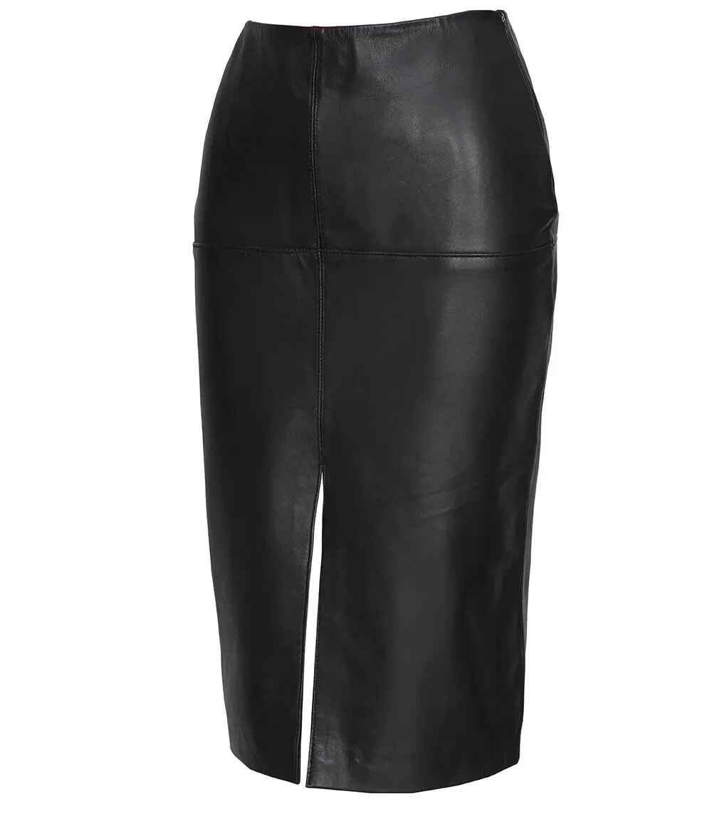 Women's Black Real Leather Midi Pencil Skirt