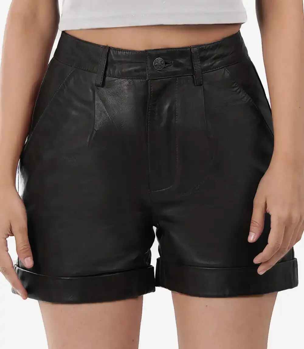 Women's Black Regular Fit Style Leather Shorts