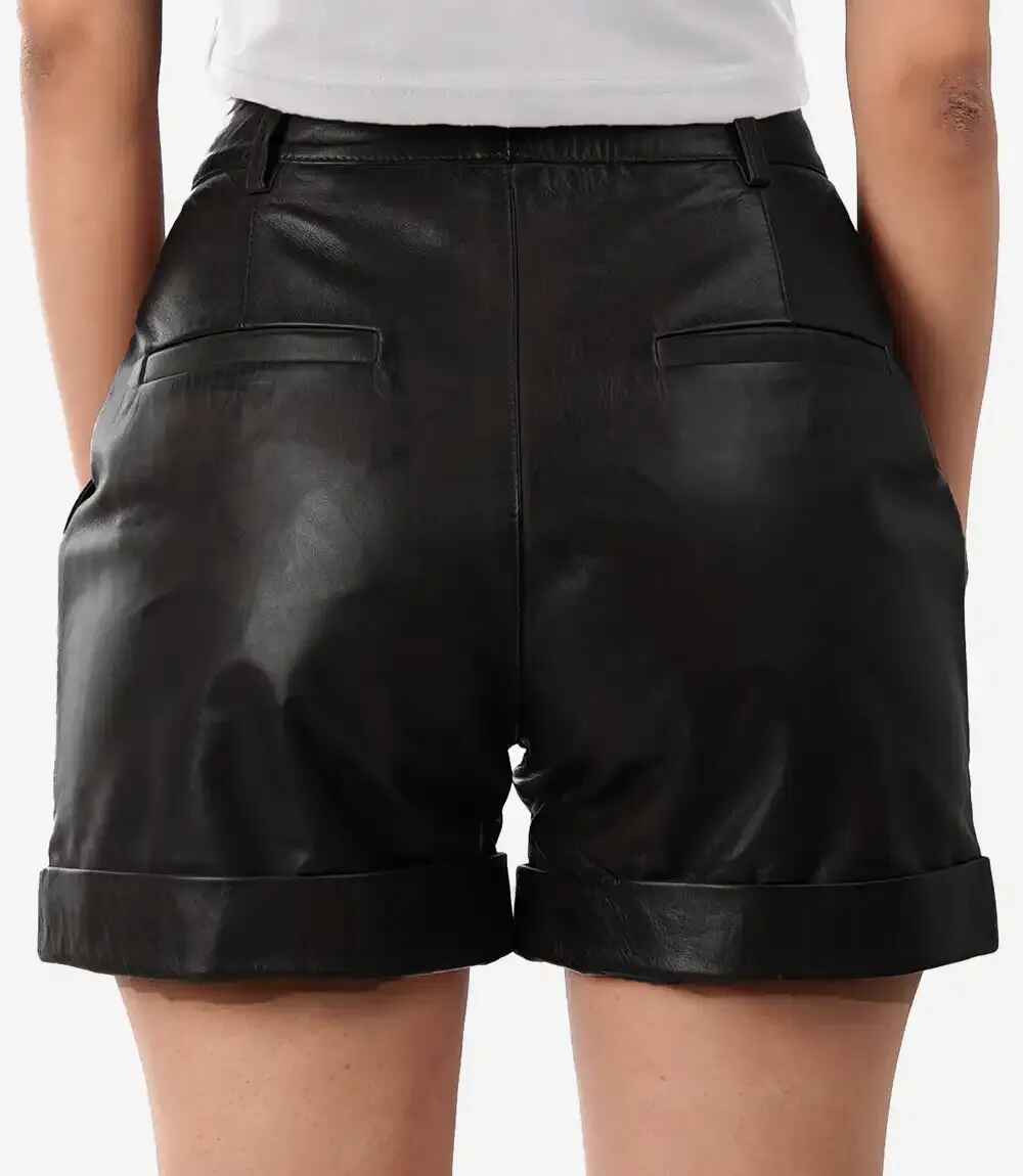 Women's Black Regular Fit Style Leather Shorts