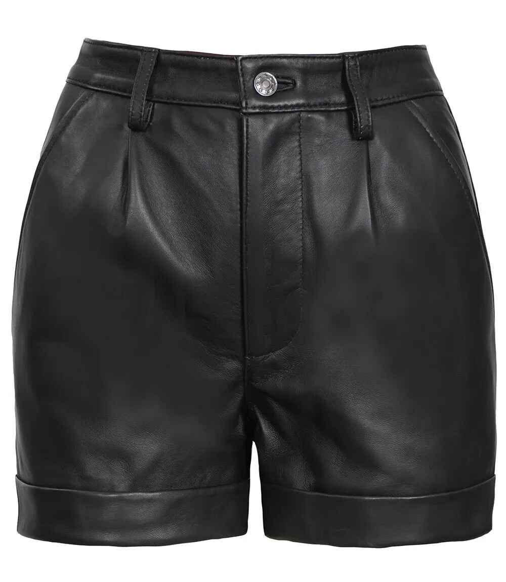 Women's Black Regular Fit Style Leather Shorts
