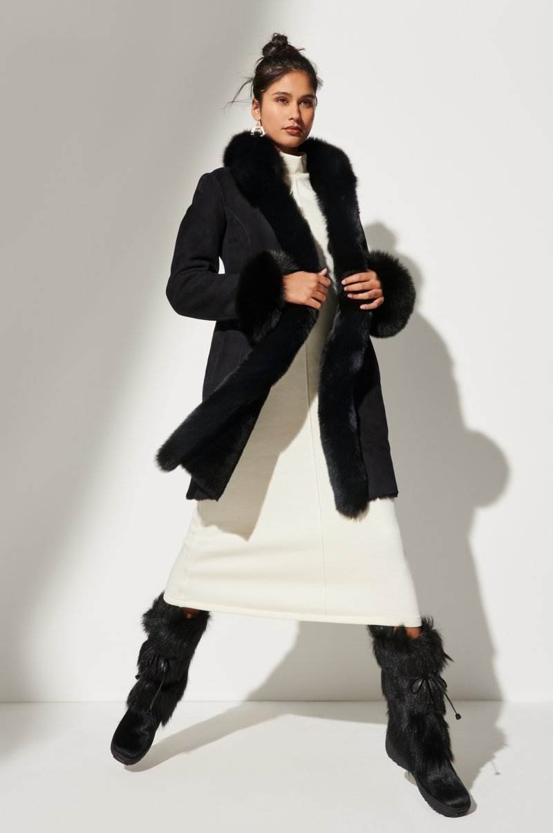 Women's Black Reversible Fur & Shearling Leather Coat