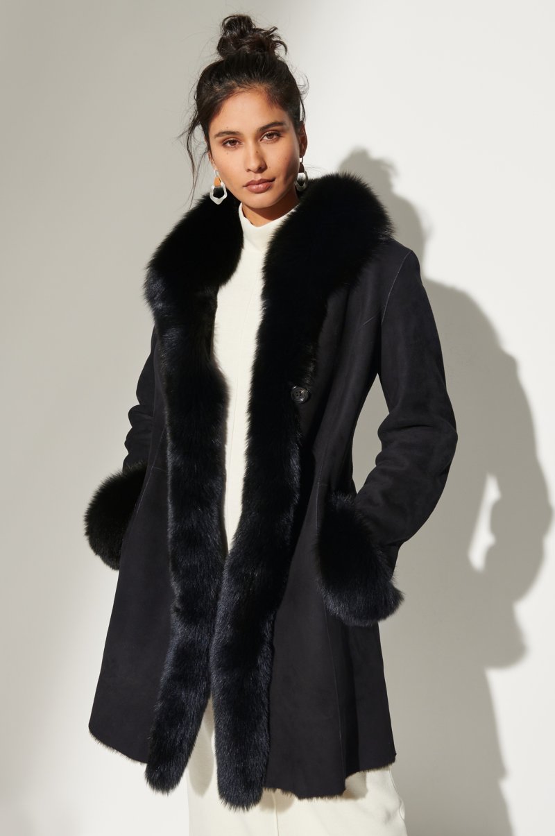 Women's Black Reversible Fur & Shearling Leather Coat