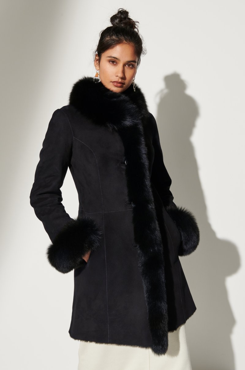 Women's Black Reversible Fur & Shearling Leather Coat