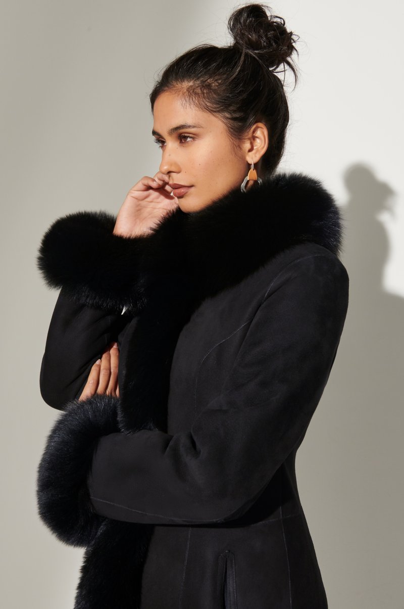 Women's Black Reversible Fur & Shearling Leather Coat