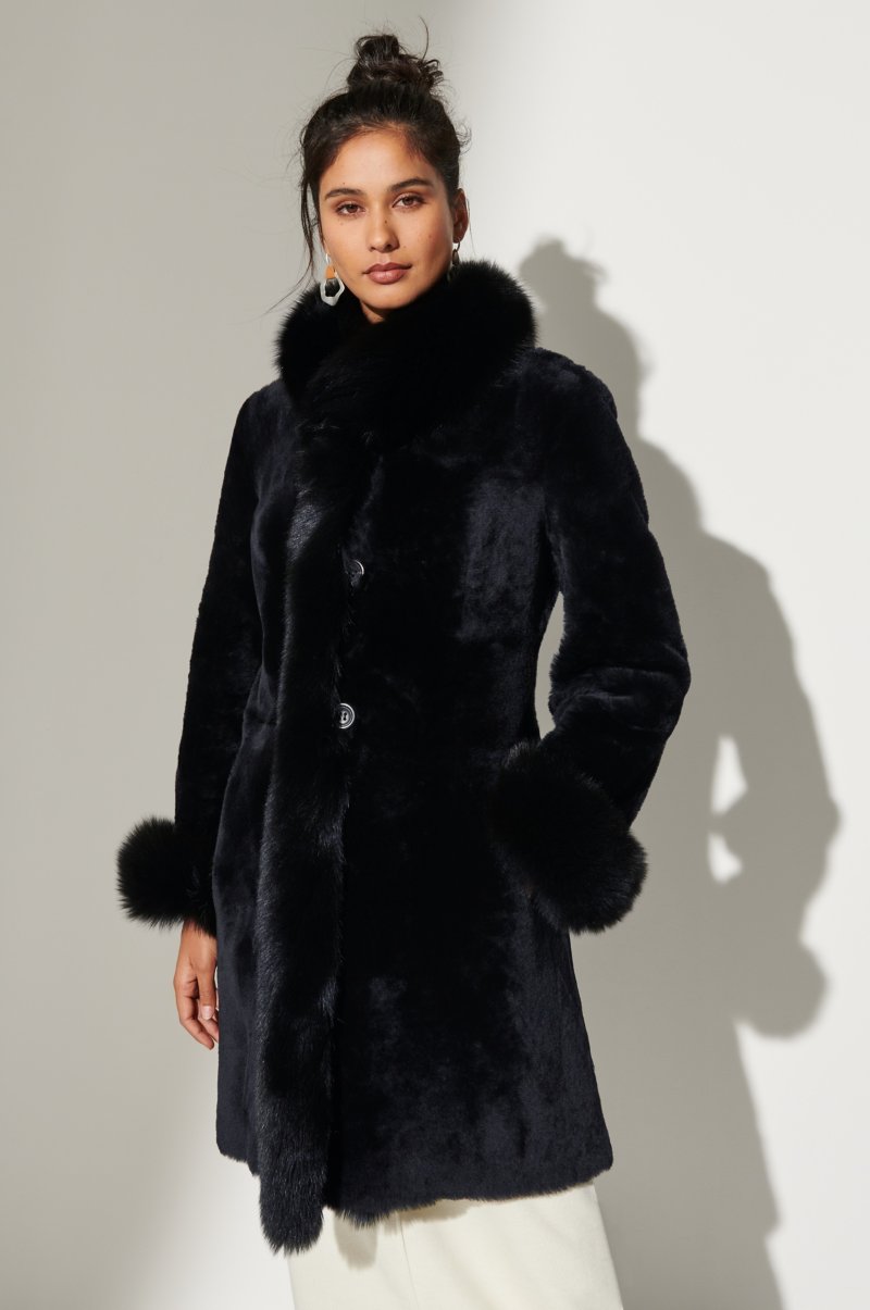 Women's Black Reversible Fur & Shearling Leather Coat