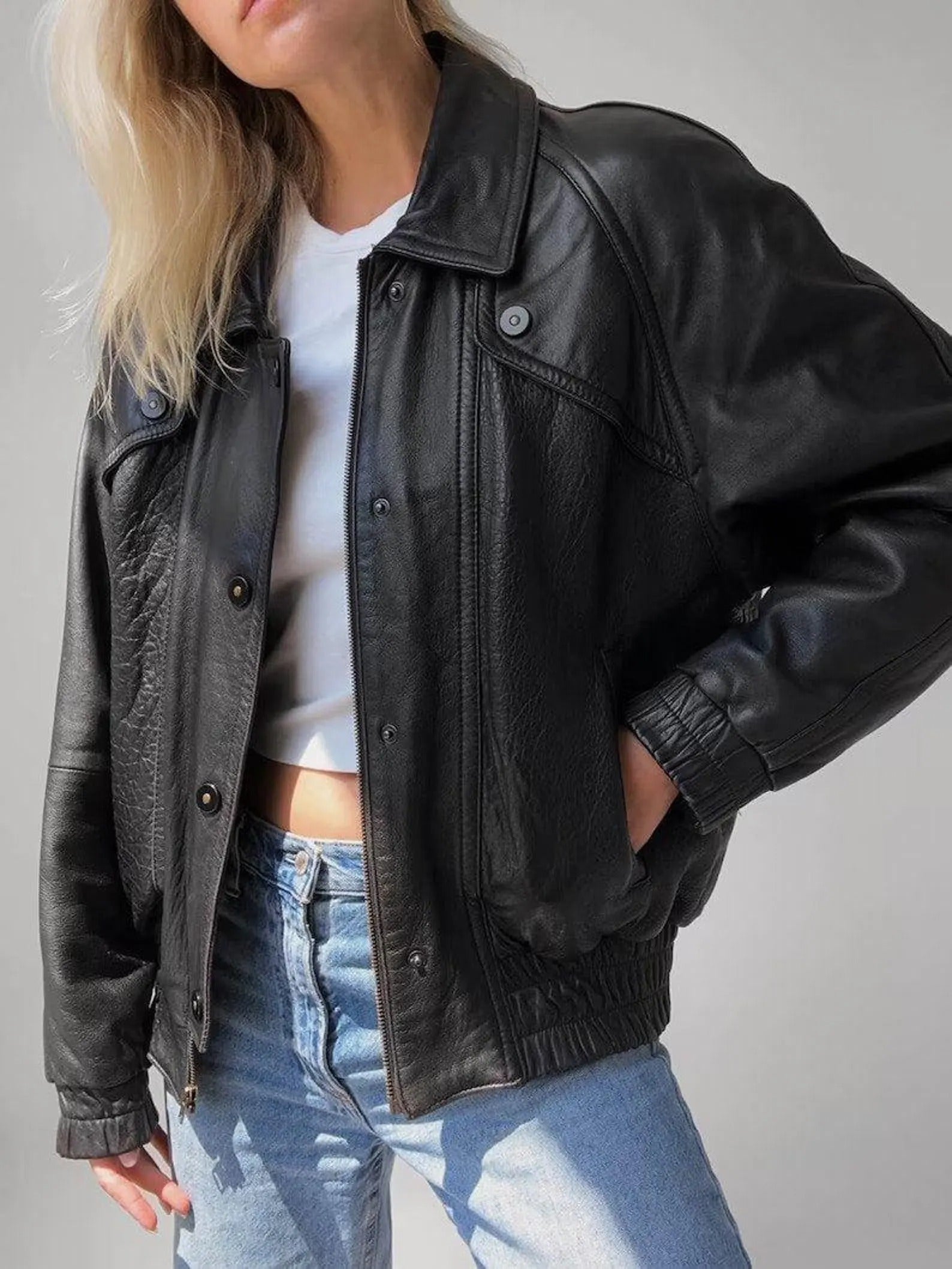Women's Black Ribbed Cuffs And Hem Oversized Leather Jacket