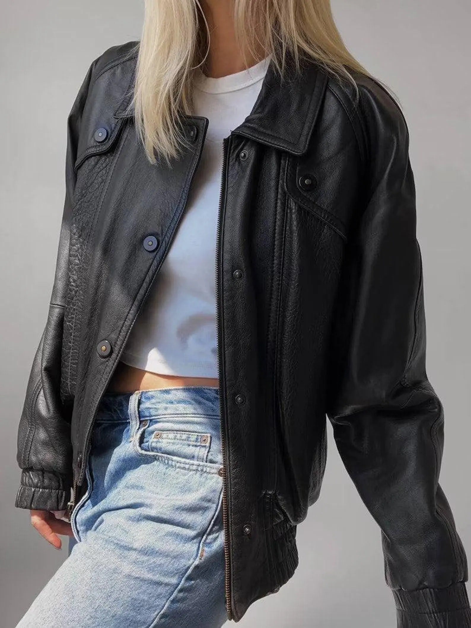 Women's Black Ribbed Cuffs And Hem Oversized Leather Jacket