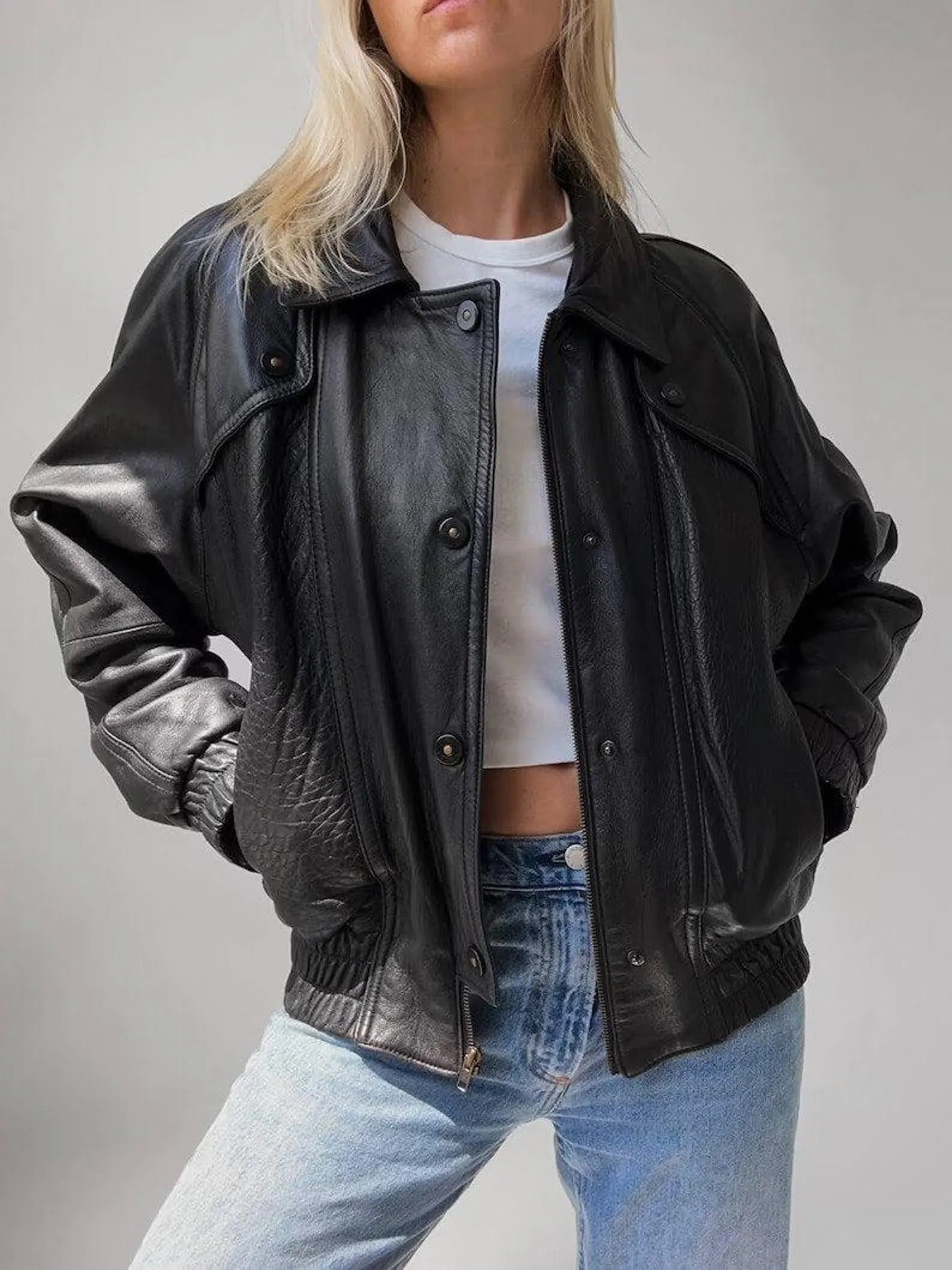 Women's Black Ribbed Cuffs And Hem Oversized Leather Jacket