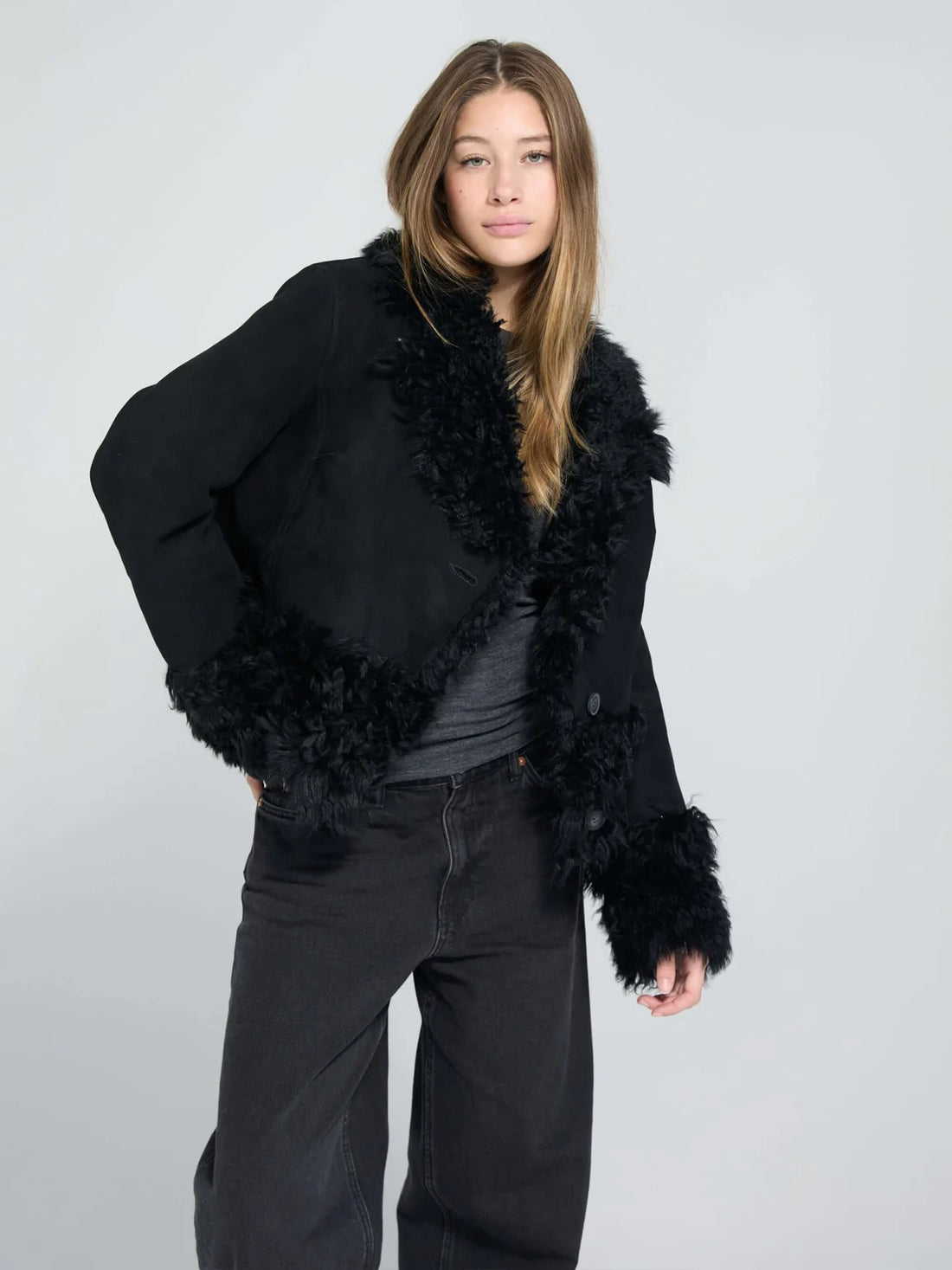 Schwarze River Shearling-Lederjacke für Damen