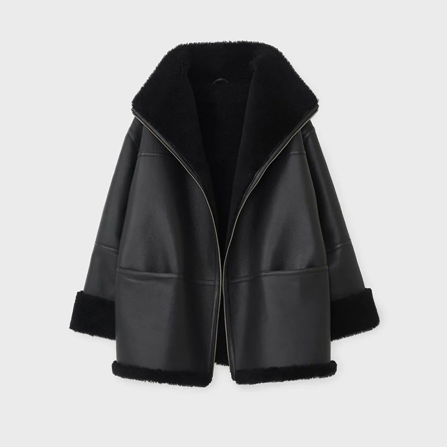 Women's Black Shearling Leather Coat - Genuine Lambskin Winter Jacket