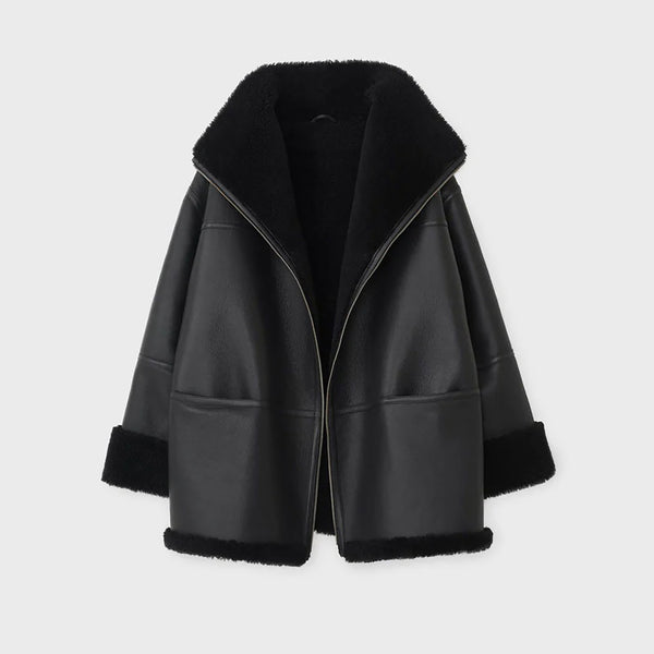 Women's Black Shearling Leather Coat - Genuine Lambskin Winter Jacket