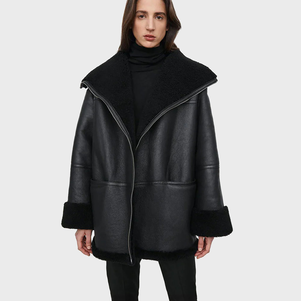 Women's Black Shearling Leather Coat - Genuine Lambskin Winter Jacket
