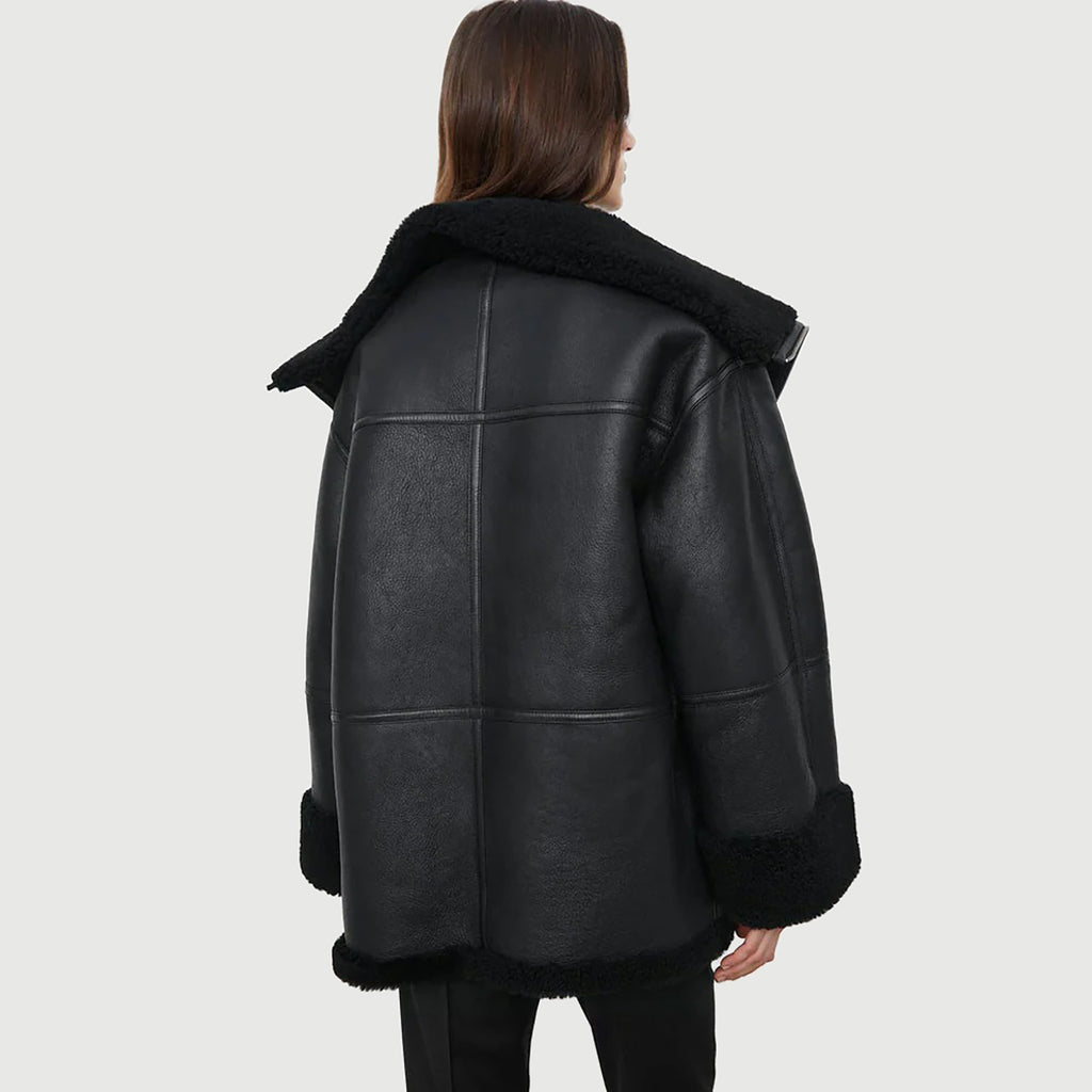 Women's Black Shearling Leather Coat - Genuine Lambskin Winter Jacket