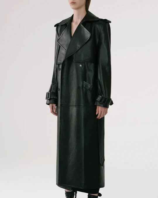 Women's Black Sheepskin Duster Leather Trench Coat