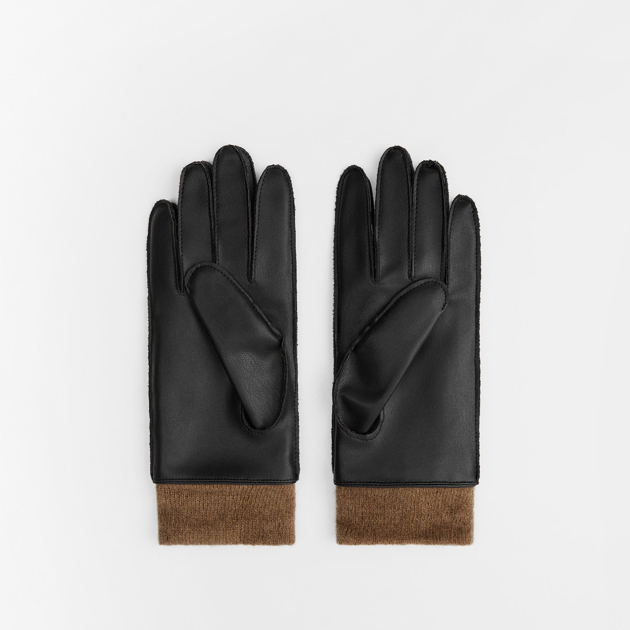 Women's Black Short Gloves Wool Blend and Leather Effect
