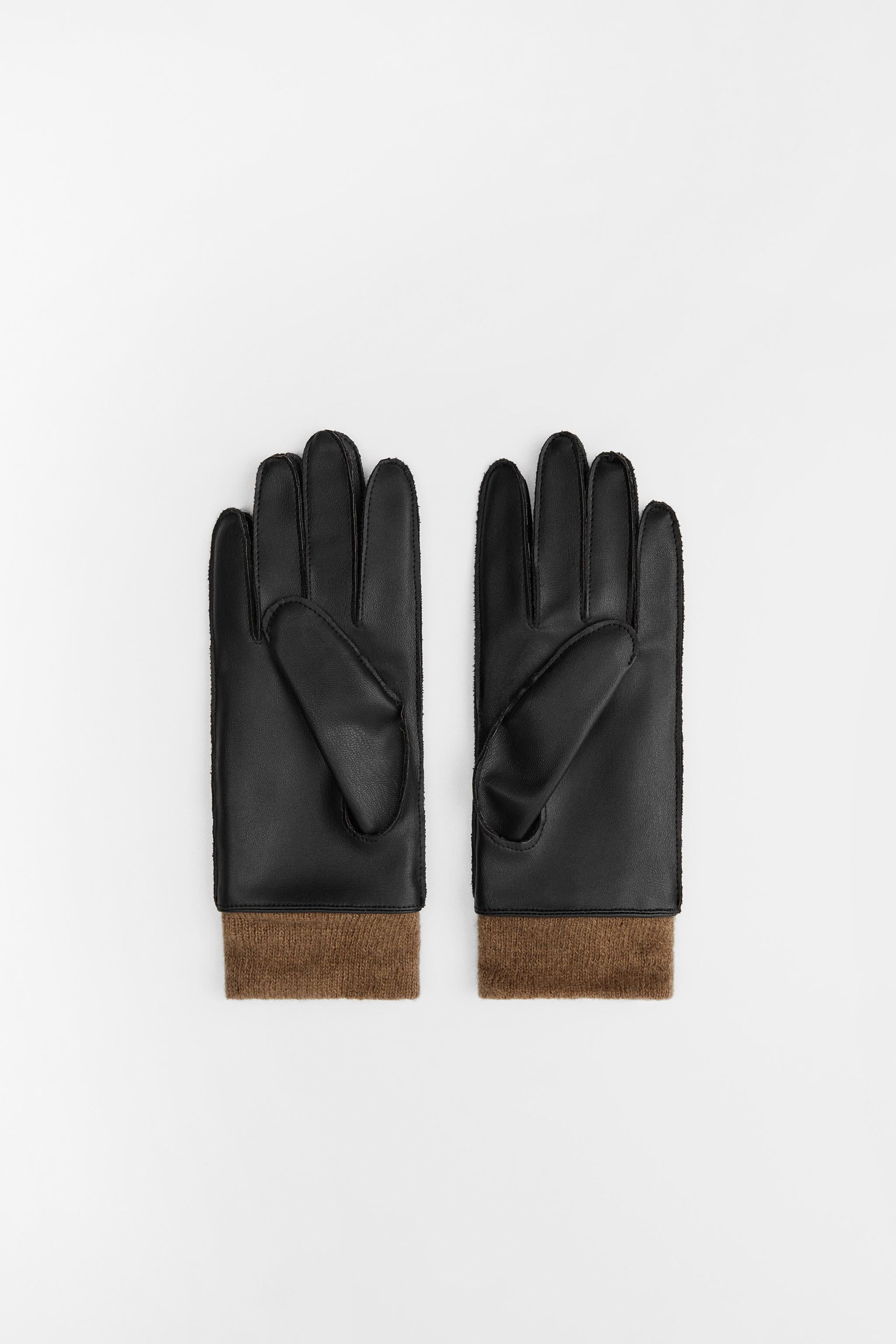 Women's Black Short Gloves Wool Blend and Leather Effect