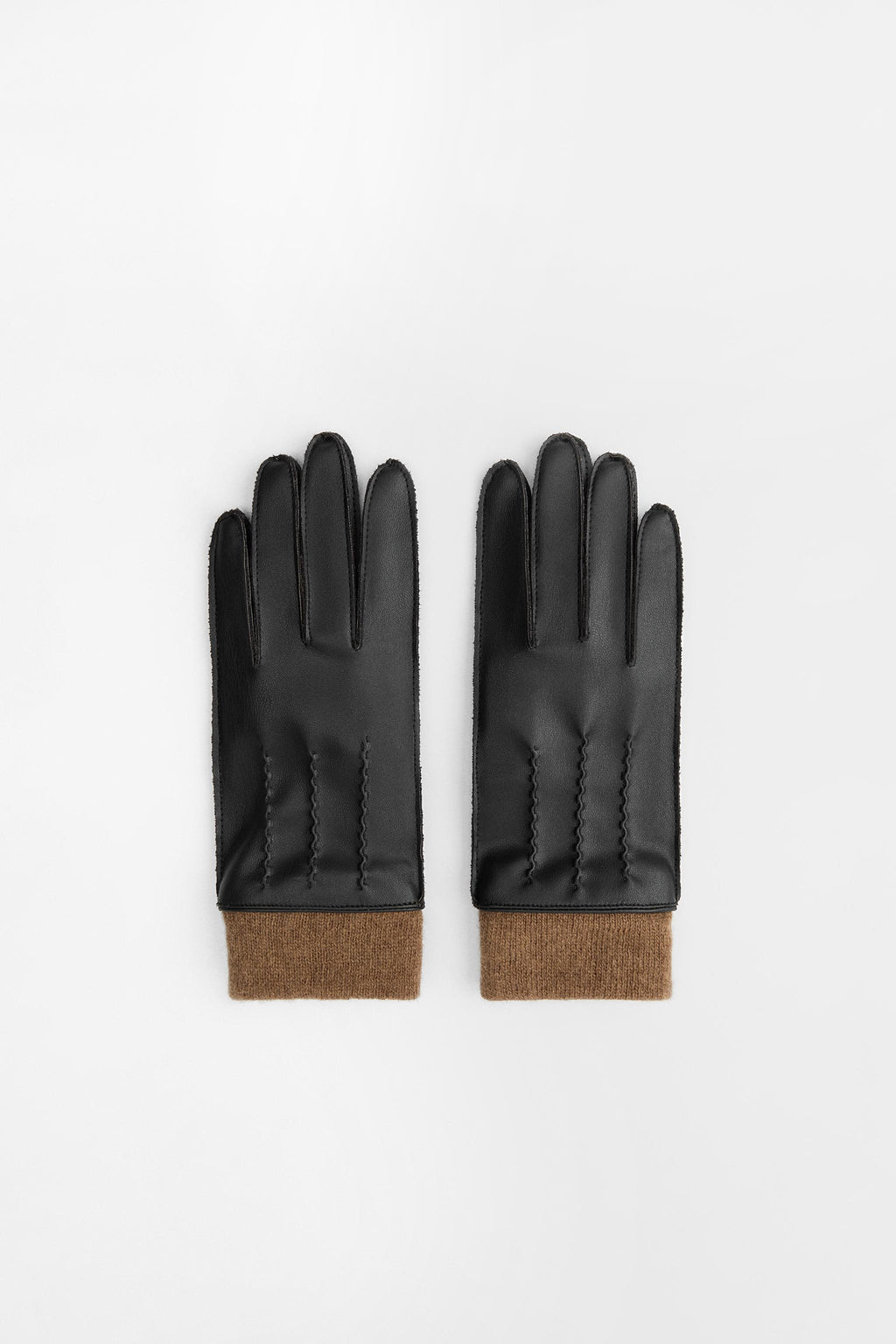 Women's Black Short Gloves Wool Blend and Leather Effect